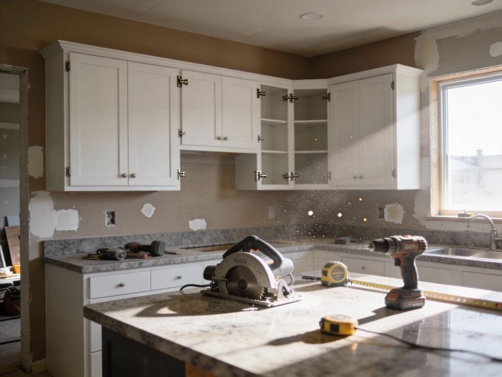 Whole house remodel Omaha in progress: mid-construction kitchen with partial cabinets, tools on granite counters, drywall patches, and natural daylight in a modern Omaha home.